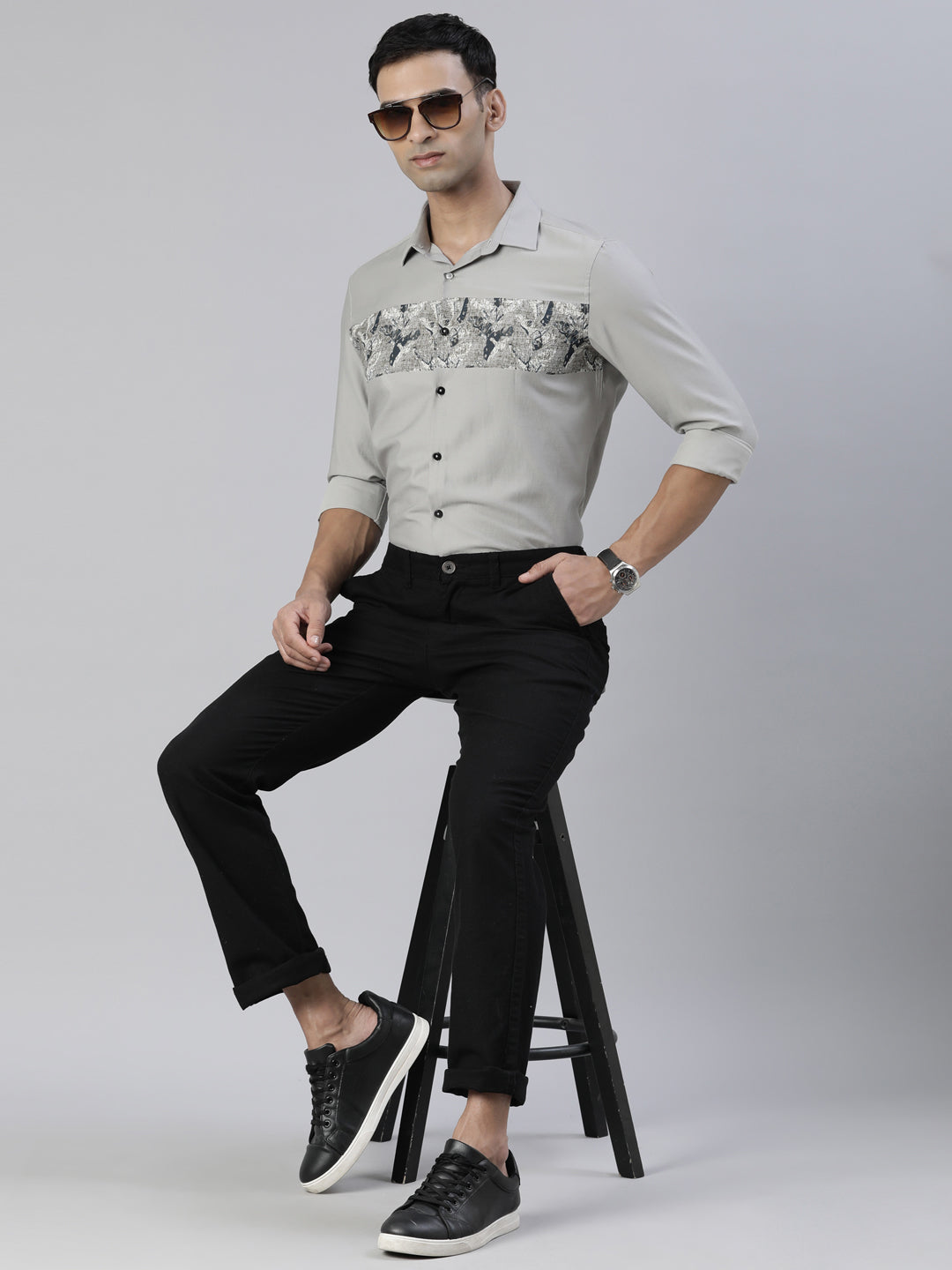 Fascia Cloud Grey Panel Printed Shirt Panel Printed Shirt Bushirt