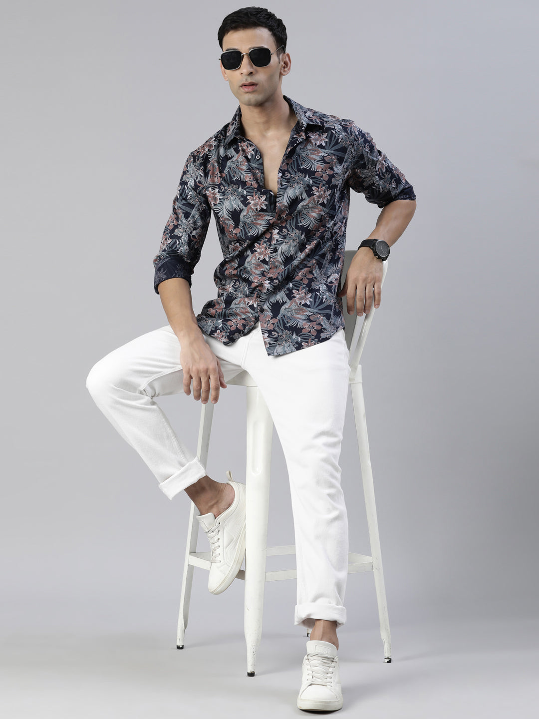 Flax Navy Blue Printed Shirt Printed Shirt Bushirt