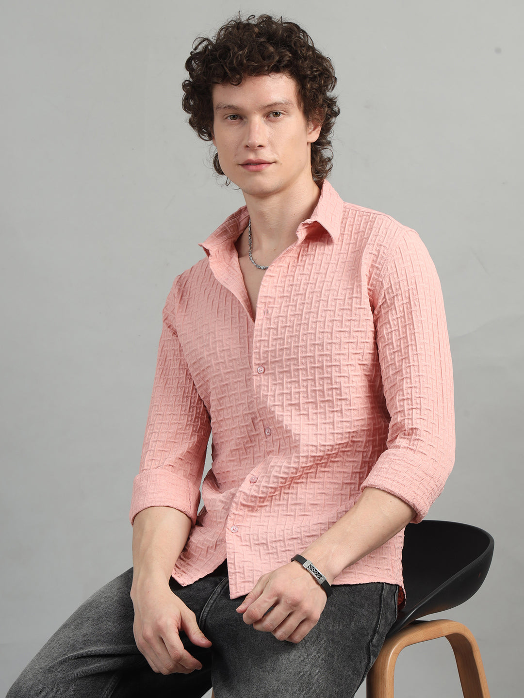 Peach Solid Bubble Shirt Solid Shirt Bushirt