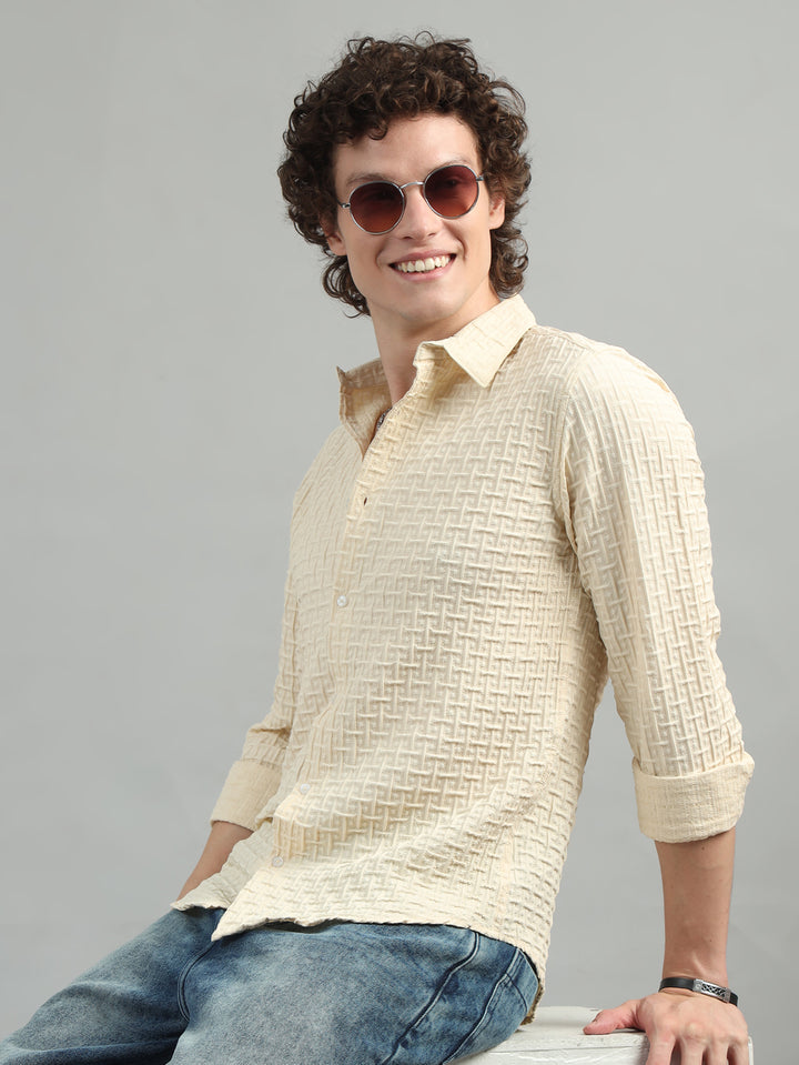 Cream Solid Bubble Shirt Solid Shirt Bushirt