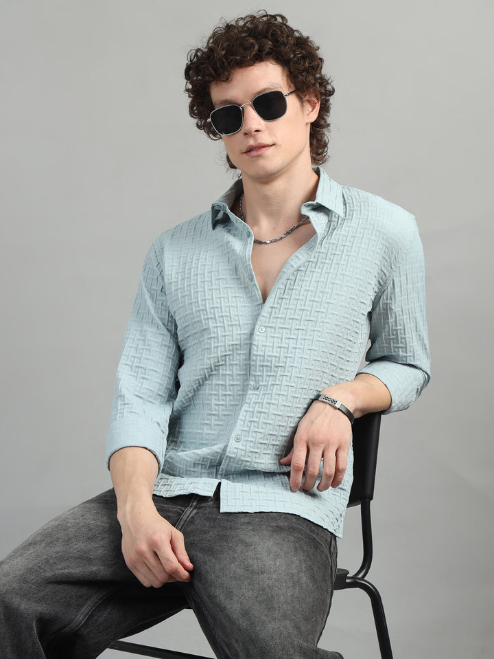 Beau Blue Solid Bubble Shirt Solid Shirt Bushirt