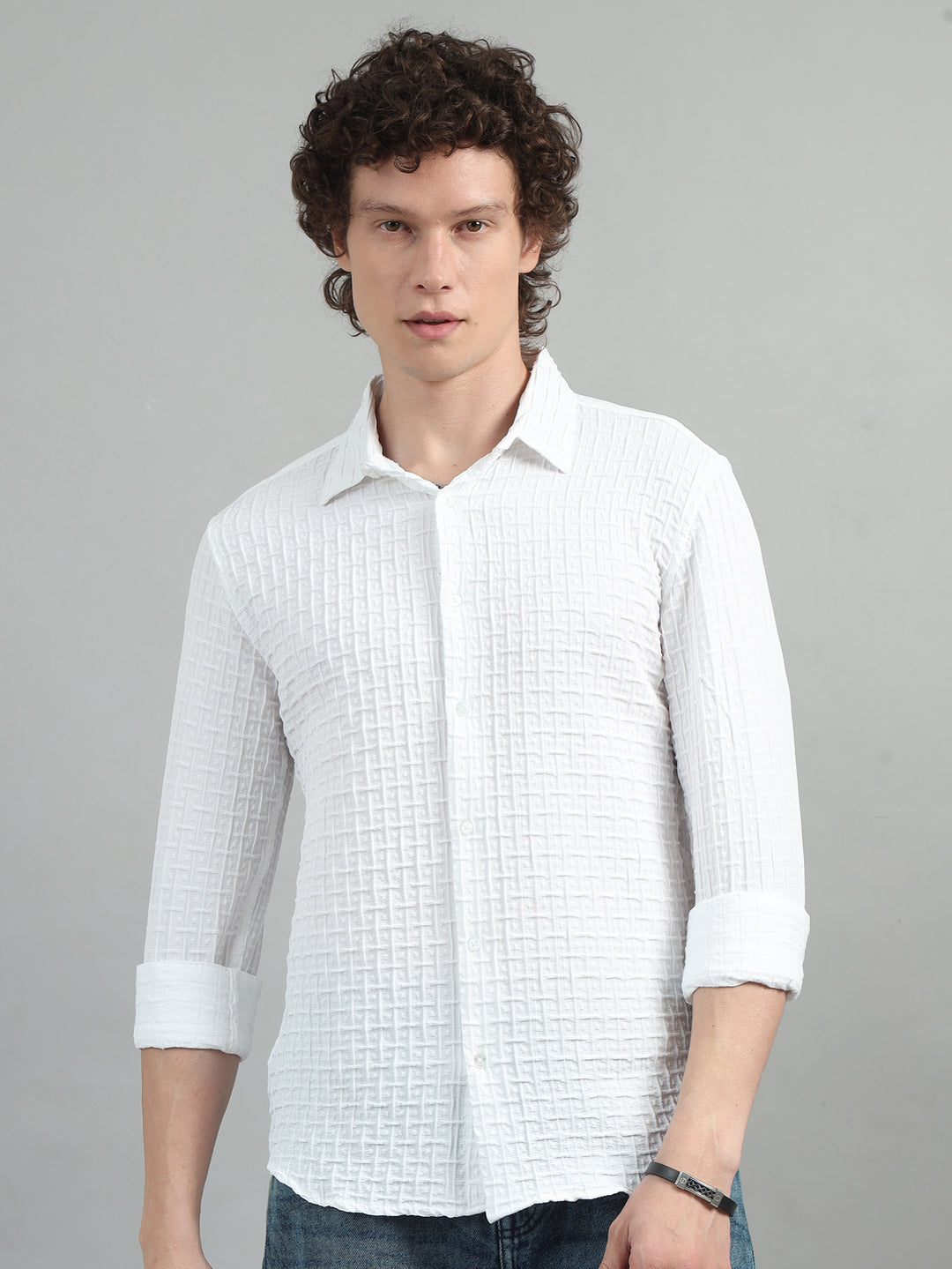 White Solid Bubble Shirt Solid Shirt Bushirt