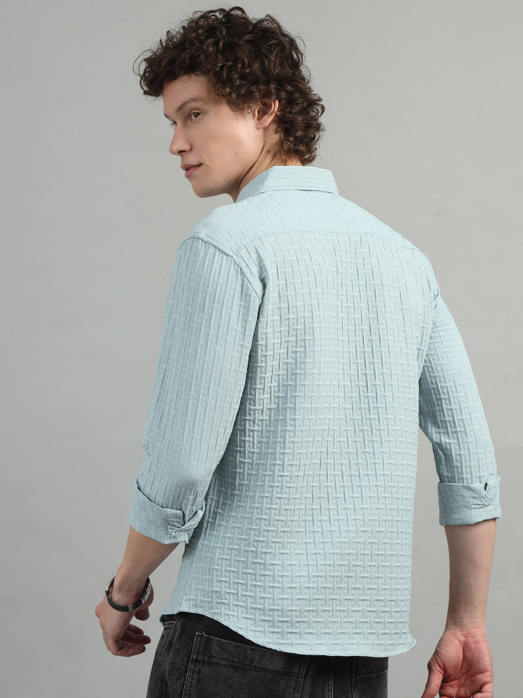 Beau Blue Solid Bubble Shirt Solid Shirt Bushirt