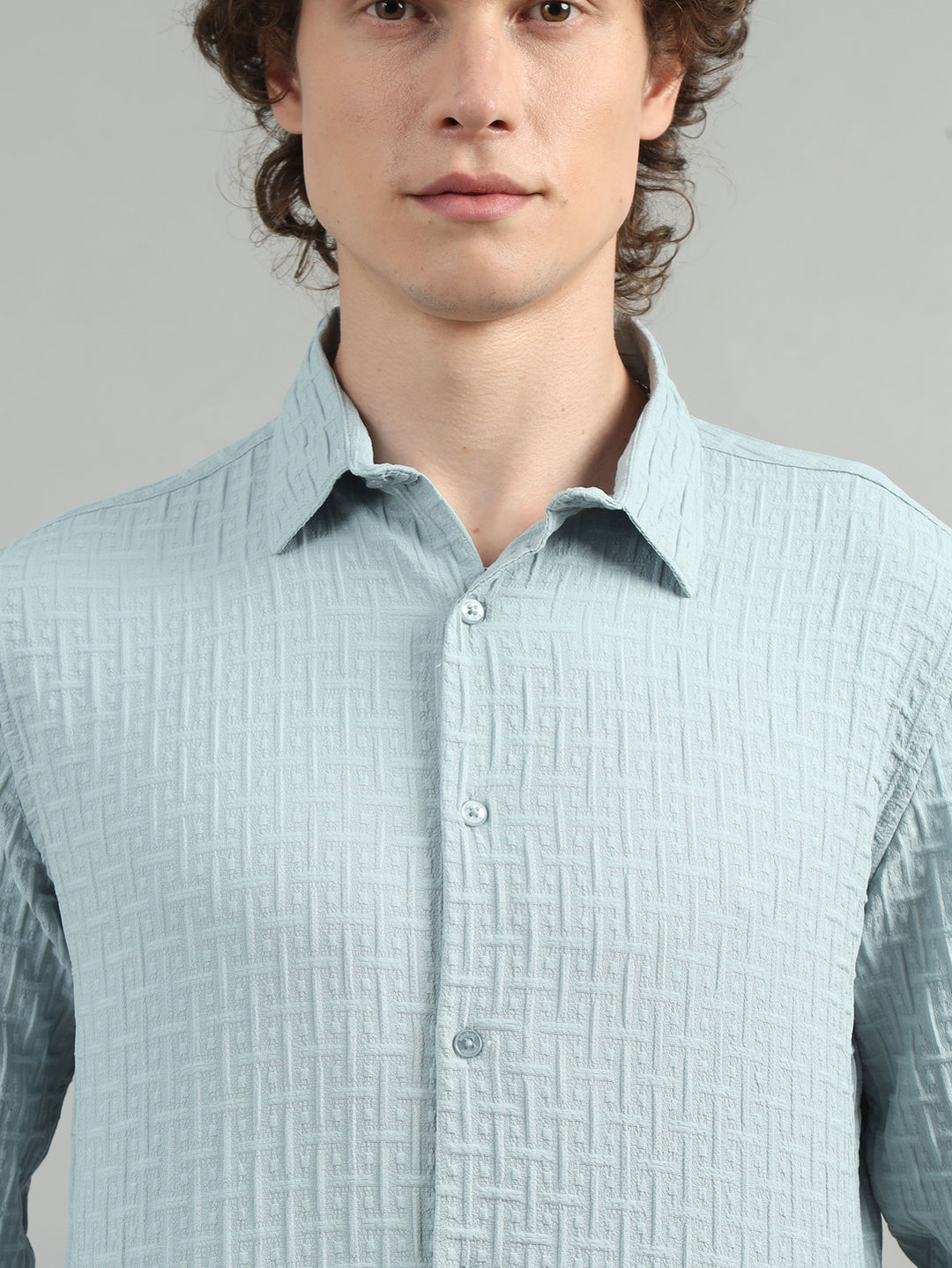Beau Blue Solid Bubble Shirt Solid Shirt Bushirt