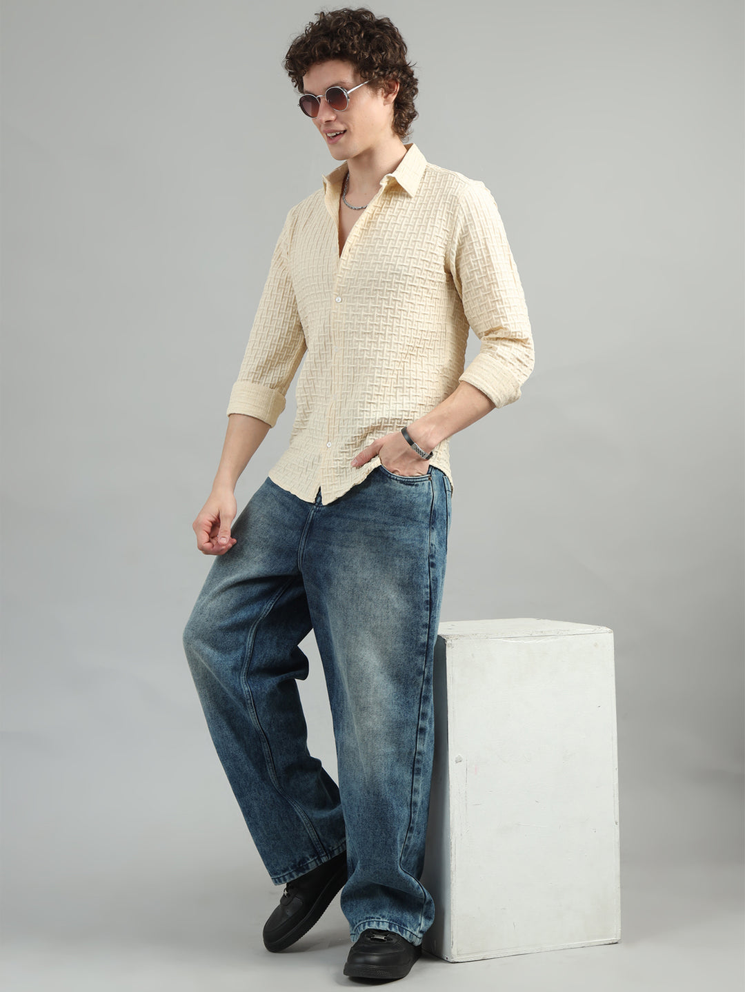 Cream Solid Bubble Shirt Solid Shirt Bushirt