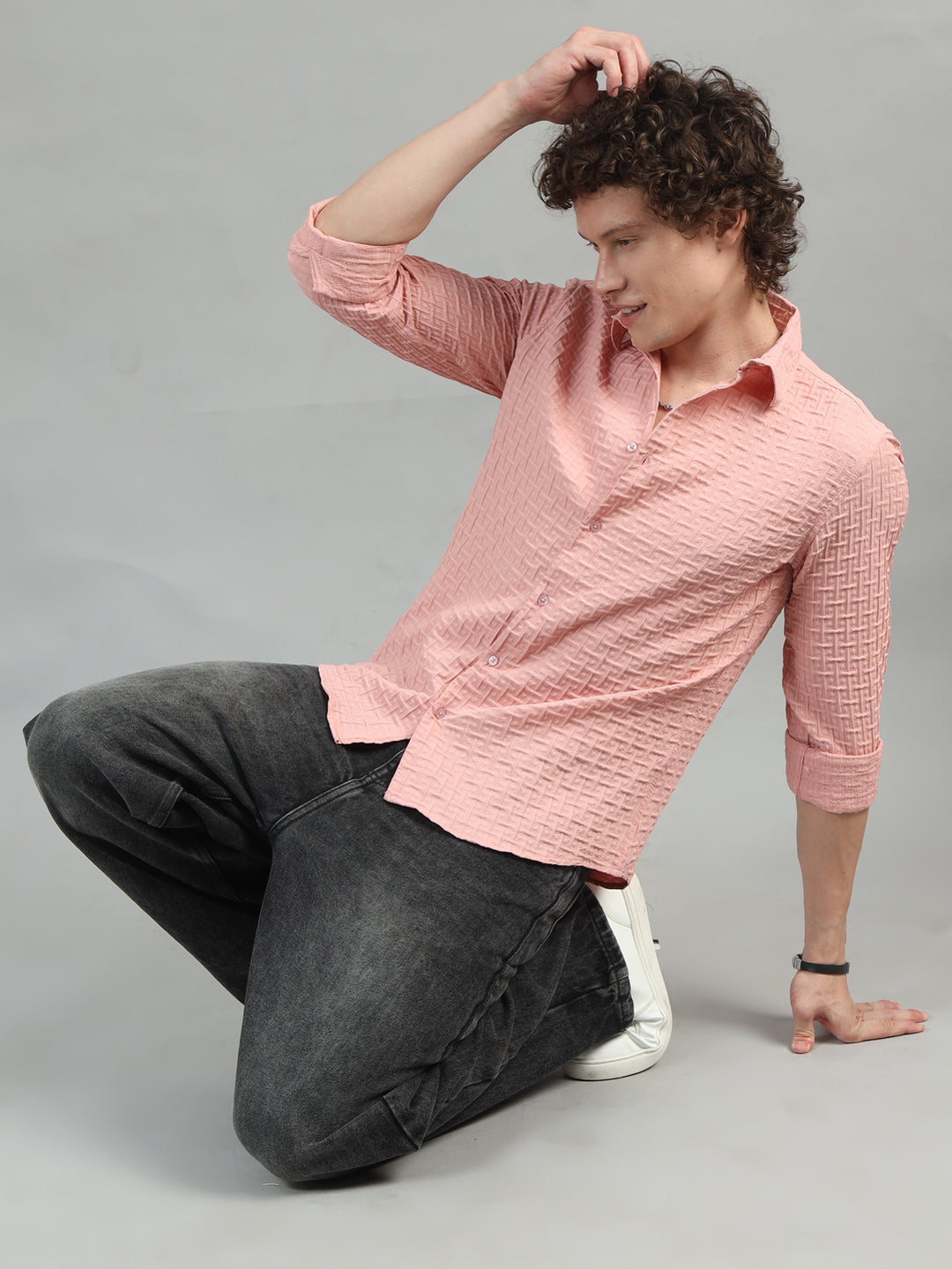 Peach Solid Bubble Shirt Solid Shirt Bushirt