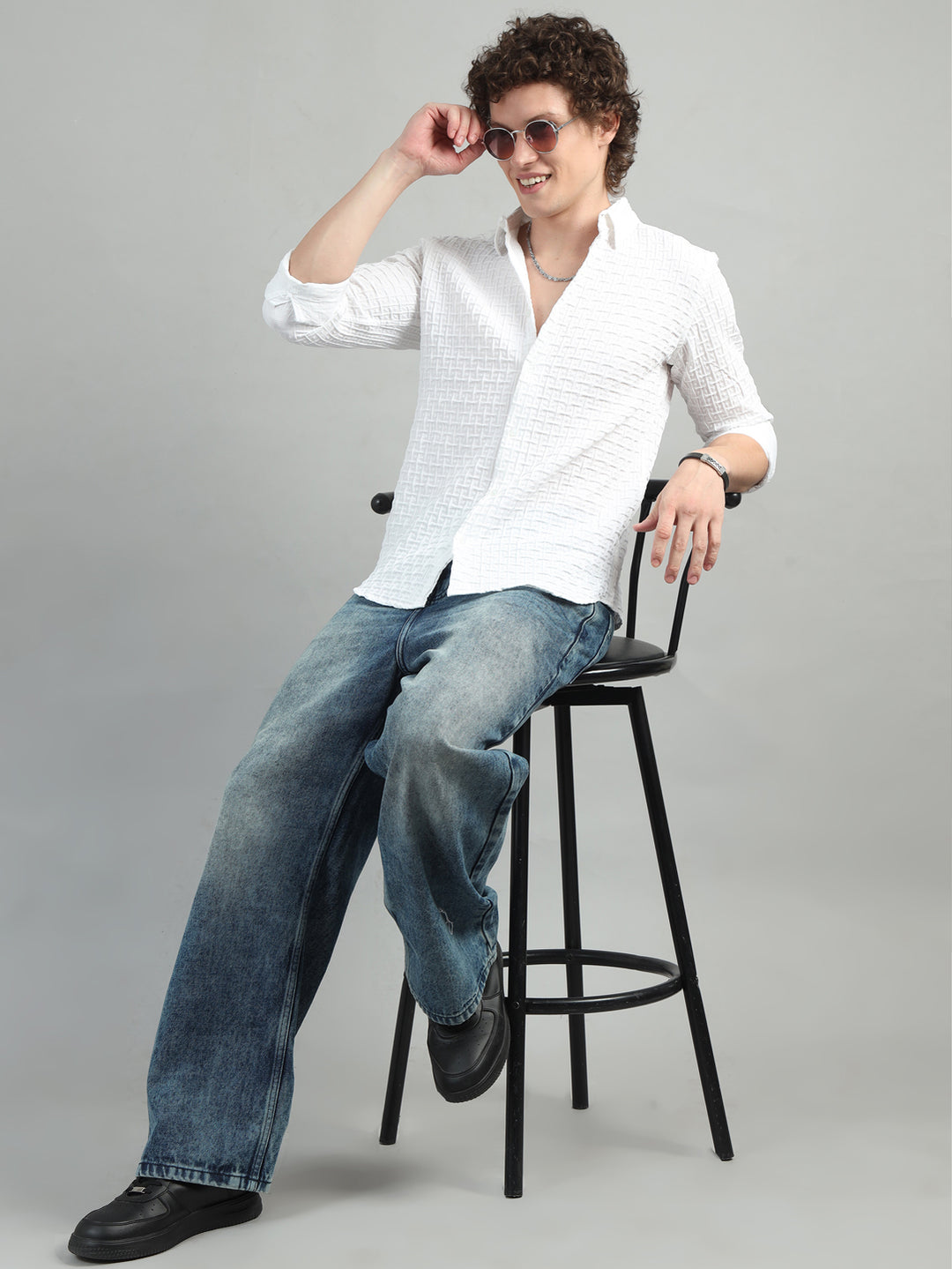 White Solid Bubble Shirt Solid Shirt Bushirt