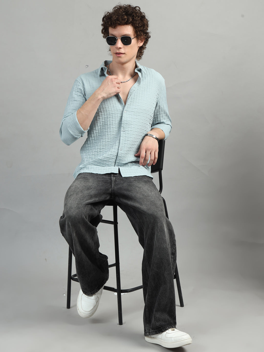 Beau Blue Solid Bubble Shirt Solid Shirt Bushirt