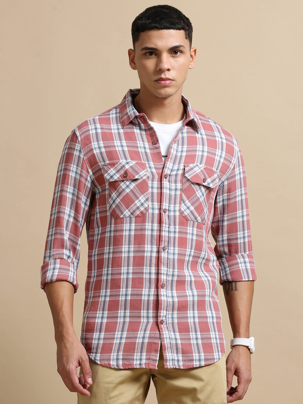 Pastel Pink Cargo Checks Shirt Checks Shirt Bushirt