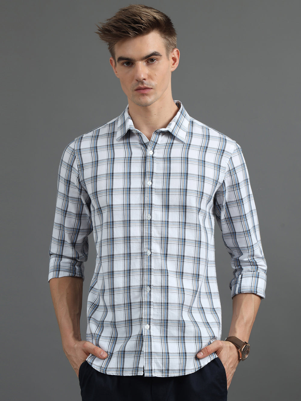 Parallel Grid White Checked Shirt Checks Shirt Bushirt