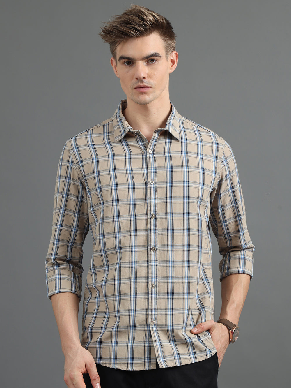 Parallel Grid Beige Checked Shirt Checks Shirt Bushirt