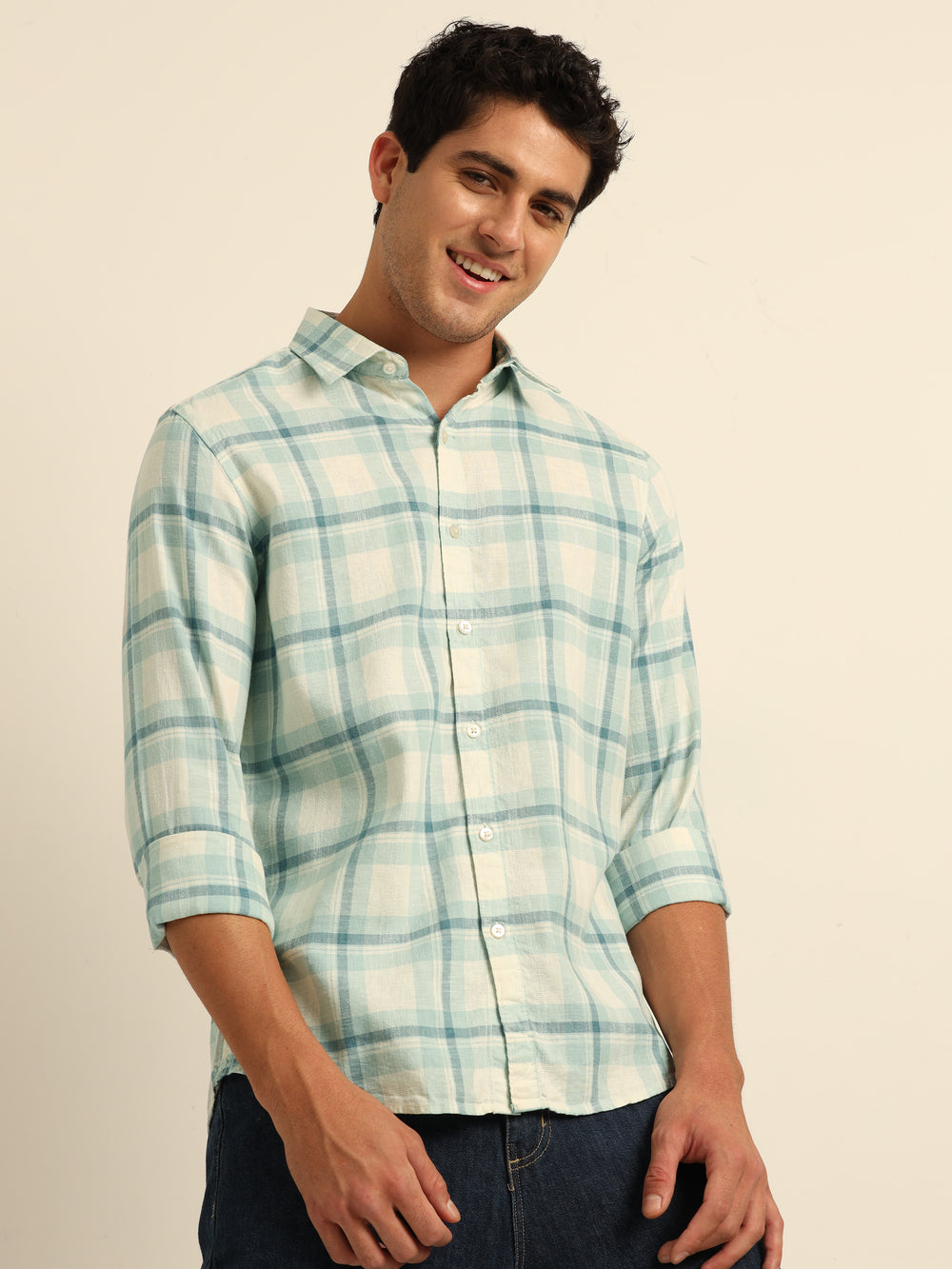 Artic Blue Checks Regular Fit Shirt Checks Shirt Bushirt
