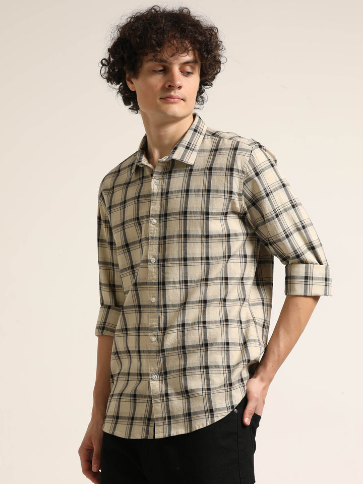 Beige Checks Regular Fit Shirt Checks Shirt Bushirt