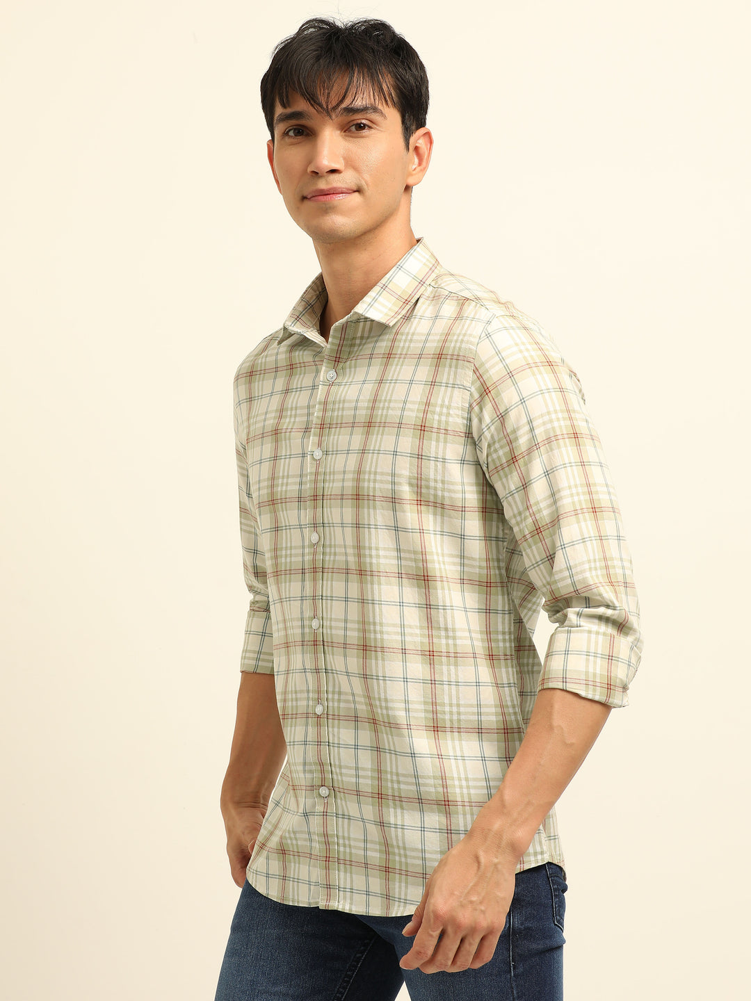 Cream Checks Regular Fit Shirt Checks Shirt Bushirt