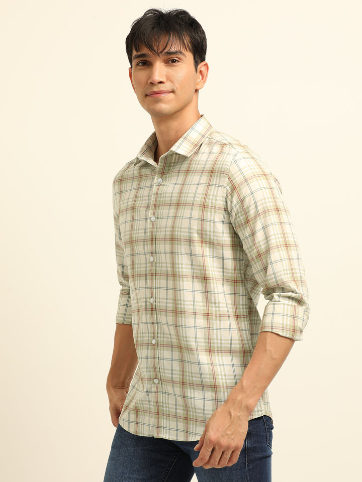 Cream Checks Regular Fit Shirt Checks Shirt Bushirt