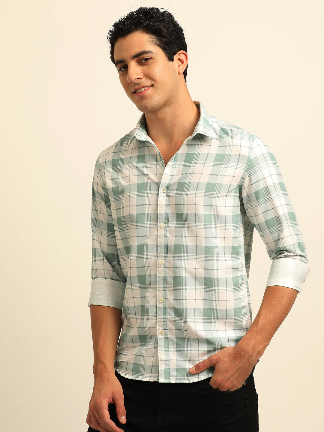 Light Green Checks Regular Fit Shirt Checks Shirt Bushirt