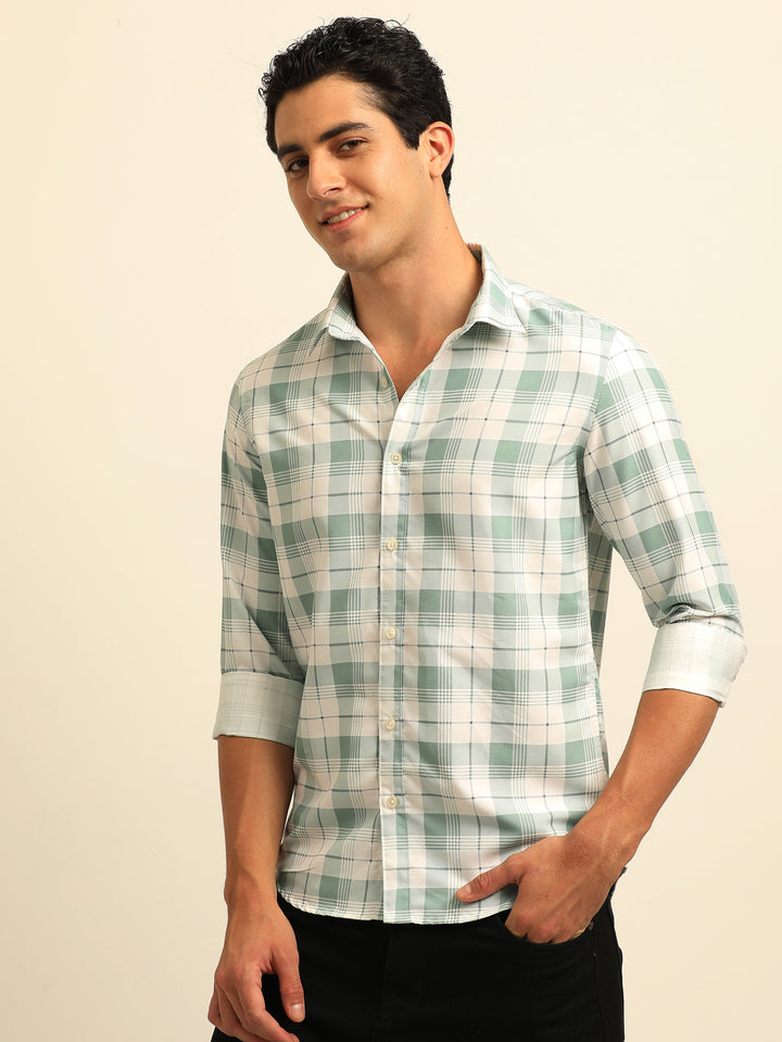 Light Green Checks Regular Fit Shirt Checks Shirt Bushirt