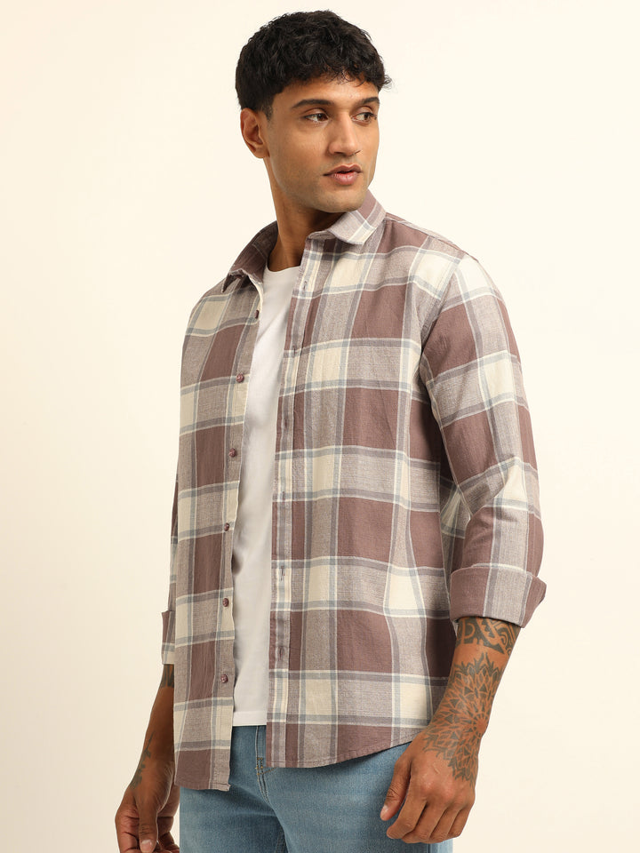 Tan Checks Regular Fit Shirt Checks Shirt Bushirt