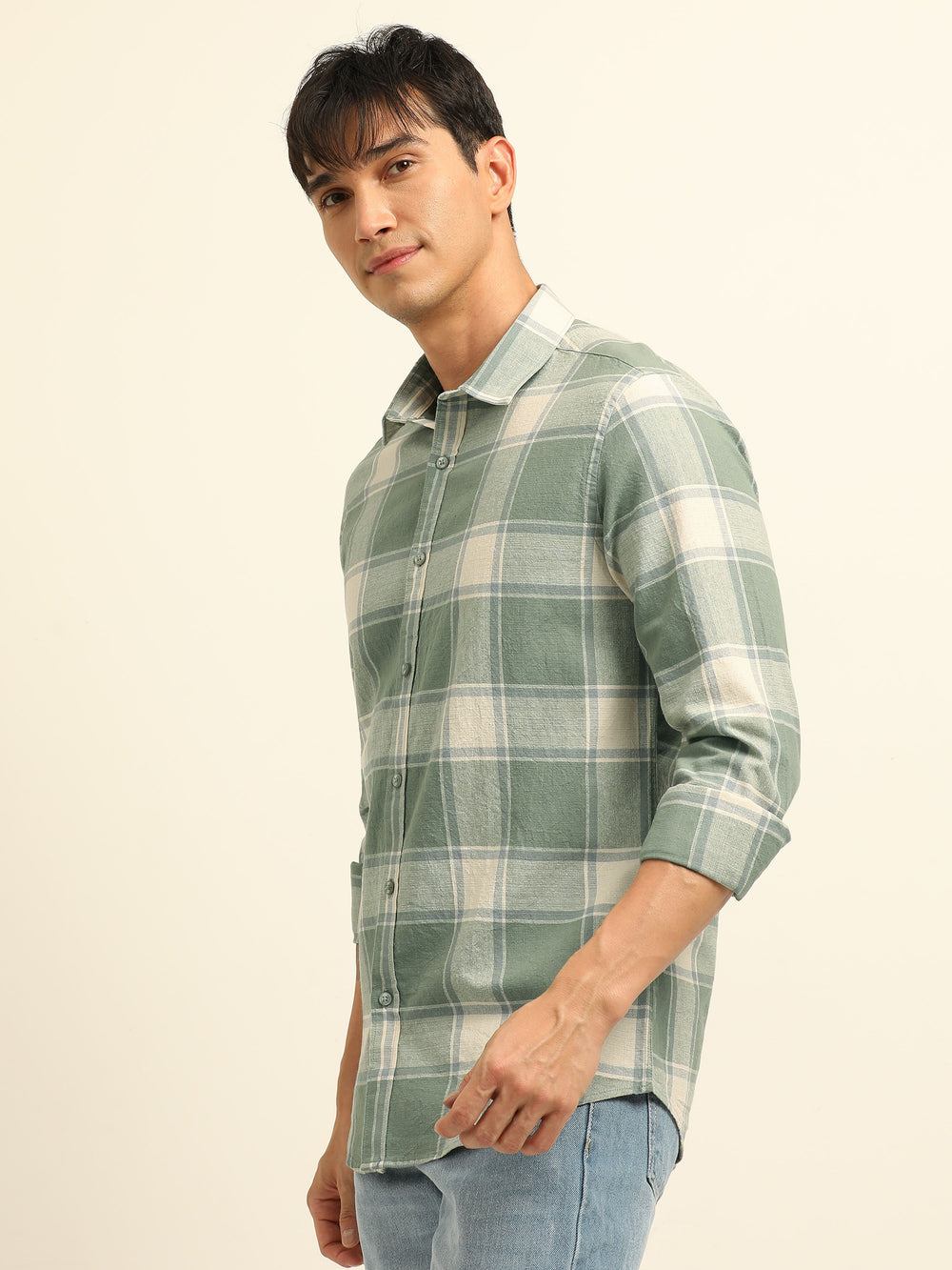 Pista Green Checks Regular Fit Shirt Checks Shirt Bushirt