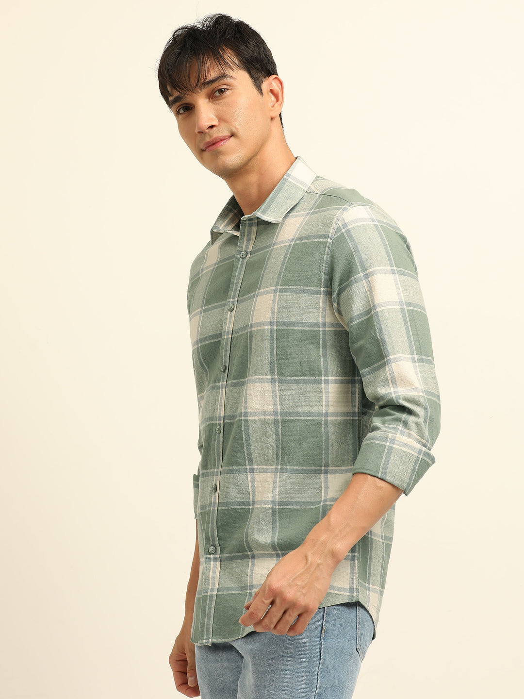 Pista Green Checks Regular Fit Shirt Checks Shirt Bushirt