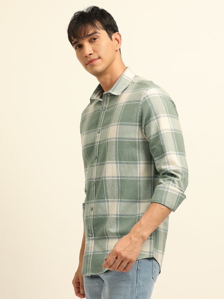 Pista Green Checks Regular Fit Shirt Checks Shirt Bushirt