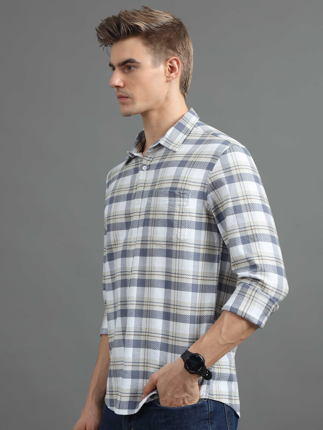 Static Stone Grey Checks Shirt Checks Shirt Bushirt