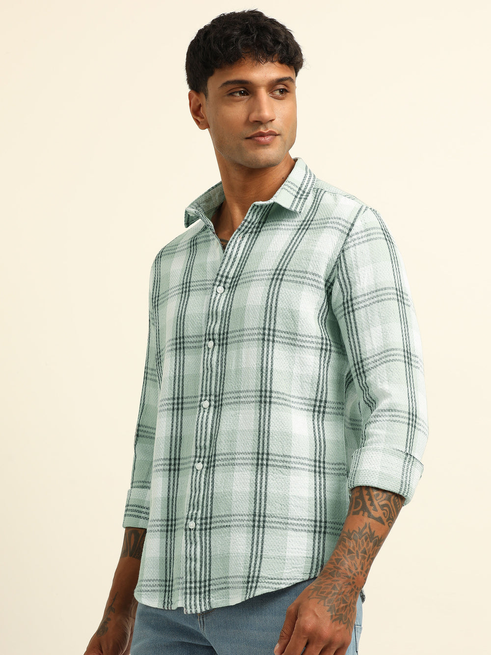 Light Green Checks Regular Fit Shirt Checks Shirt Bushirt