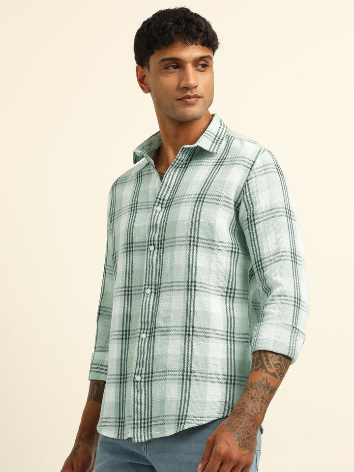 Light Green Checks Regular Fit Shirt Checks Shirt Bushirt
