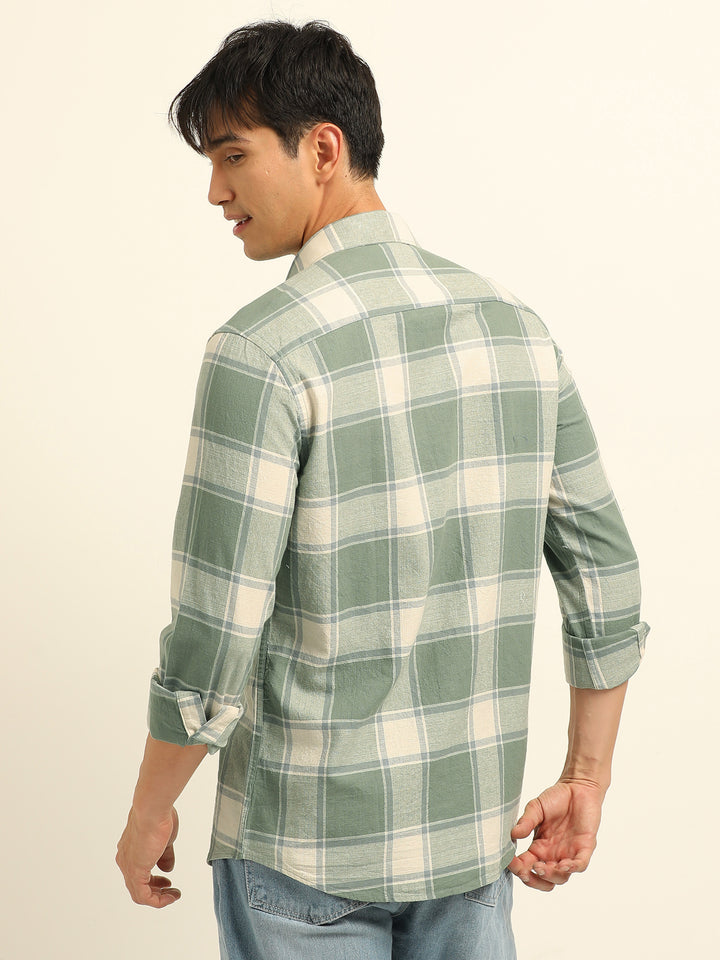 Pista Green Checks Regular Fit Shirt Checks Shirt Bushirt