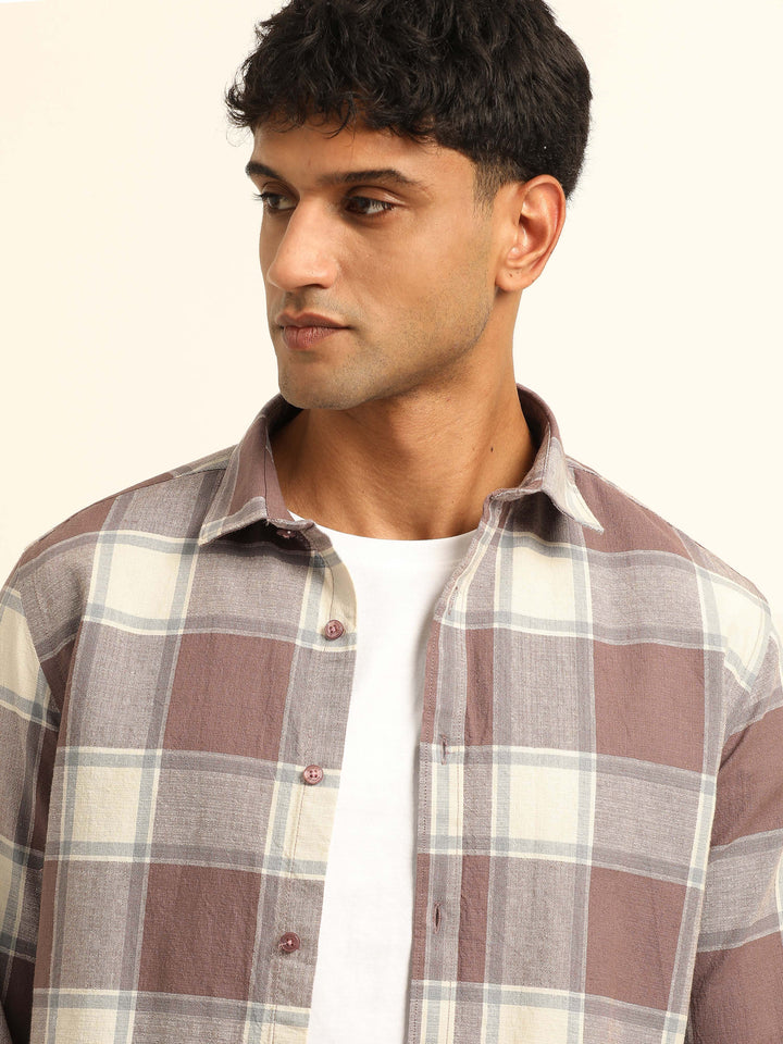 Tan Checks Regular Fit Shirt Checks Shirt Bushirt