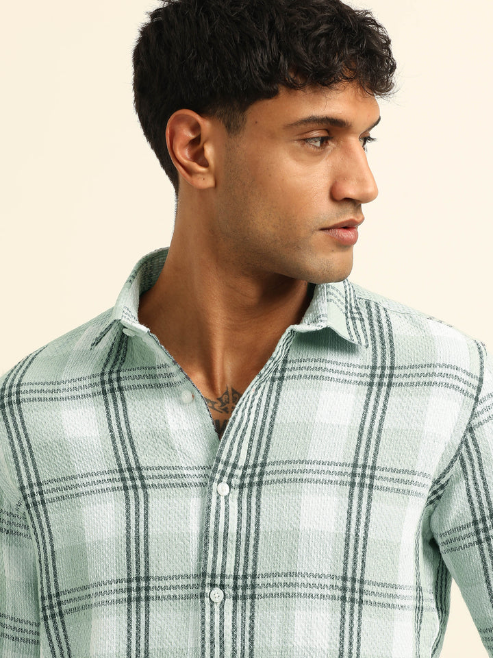 Light Green Checks Regular Fit Shirt Checks Shirt Bushirt