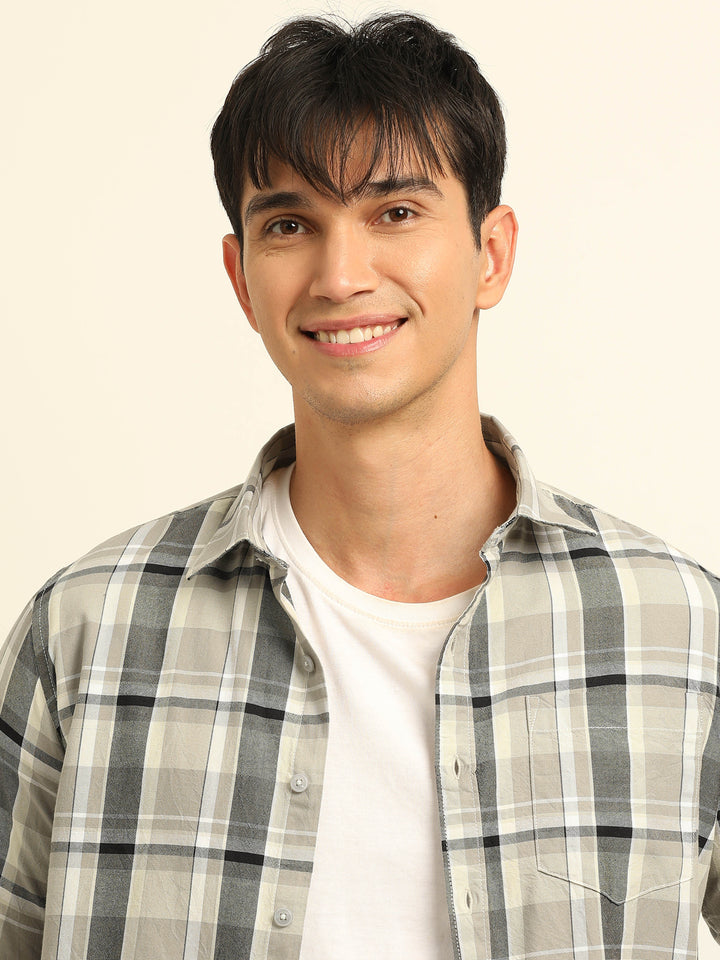 Beige Checks Regular Fit Shirt Checks Shirt Bushirt