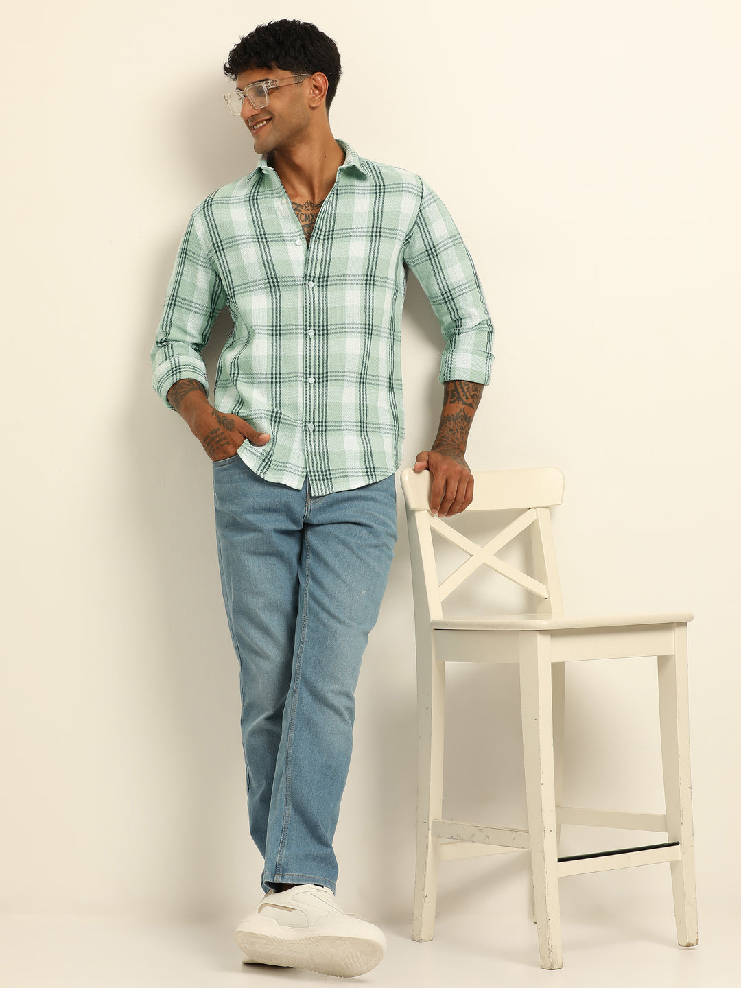 Light Green Checks Regular Fit Shirt Checks Shirt Bushirt