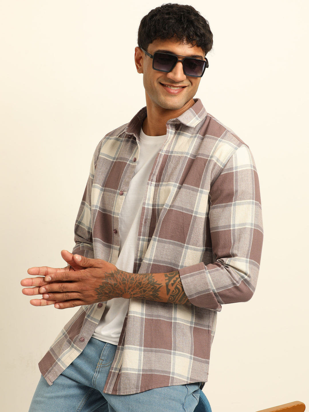 Tan Checks Regular Fit Shirt Checks Shirt Bushirt