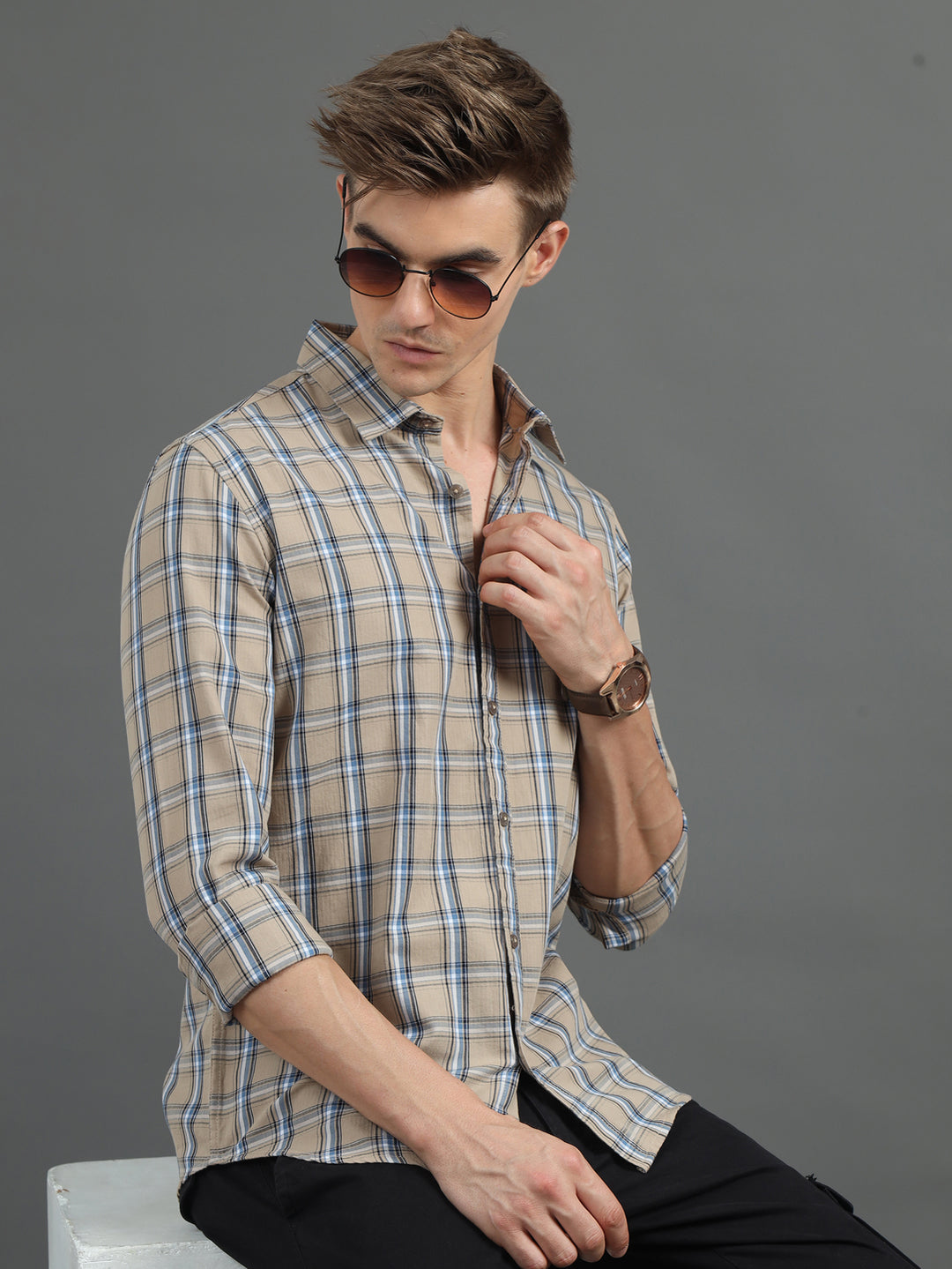 Parallel Grid Beige Checked Shirt Checks Shirt Bushirt