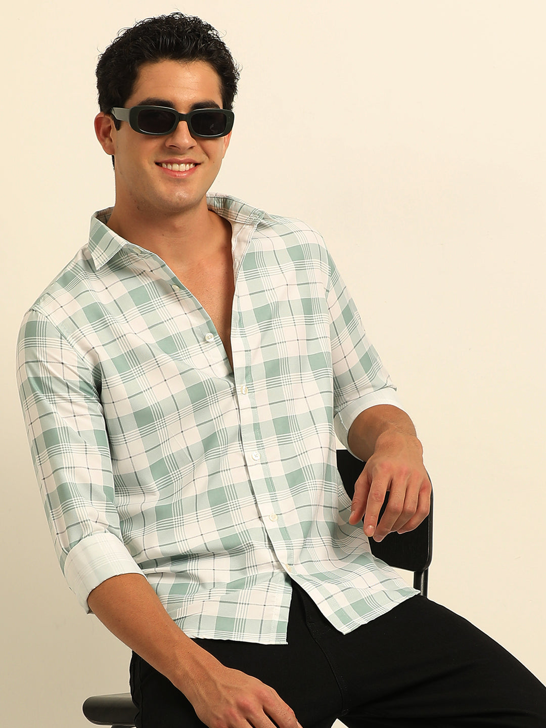 Light Green Checks Regular Fit Shirt Checks Shirt Bushirt