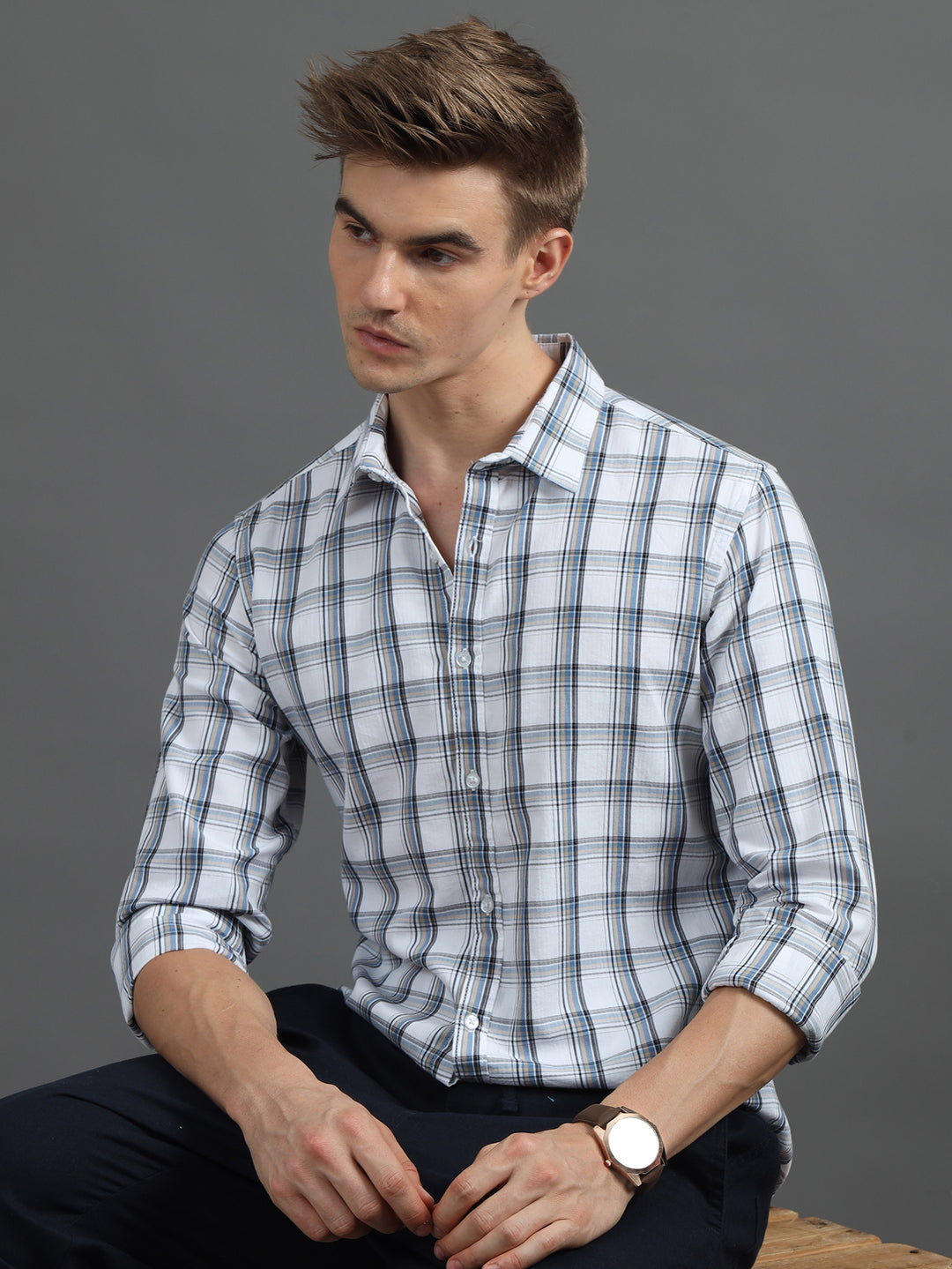 Parallel Grid White Checked Shirt Checks Shirt Bushirt