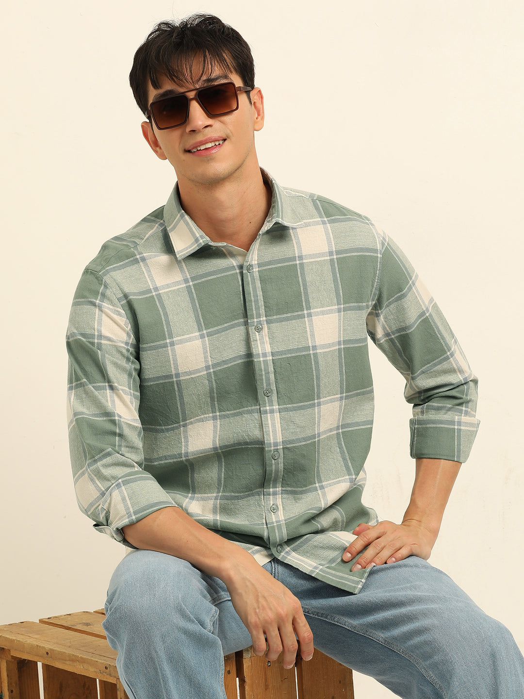 Pista Green Checks Regular Fit Shirt Checks Shirt Bushirt
