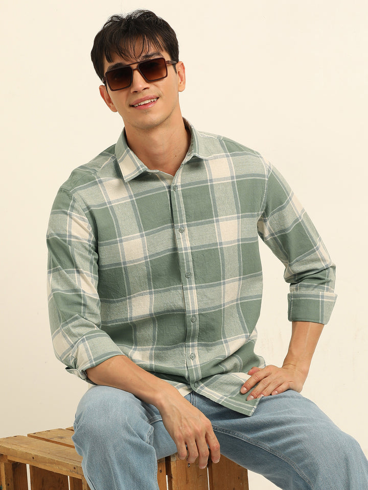 Pista Green Checks Regular Fit Shirt Checks Shirt Bushirt