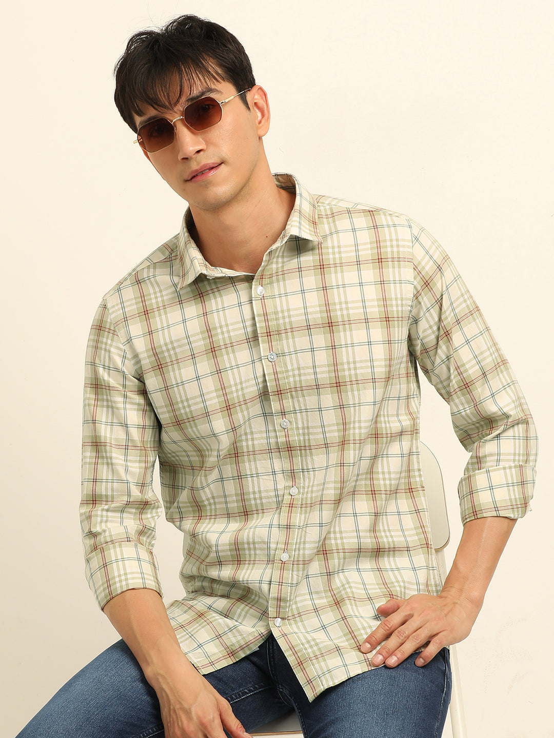 Cream Checks Regular Fit Shirt Checks Shirt Bushirt