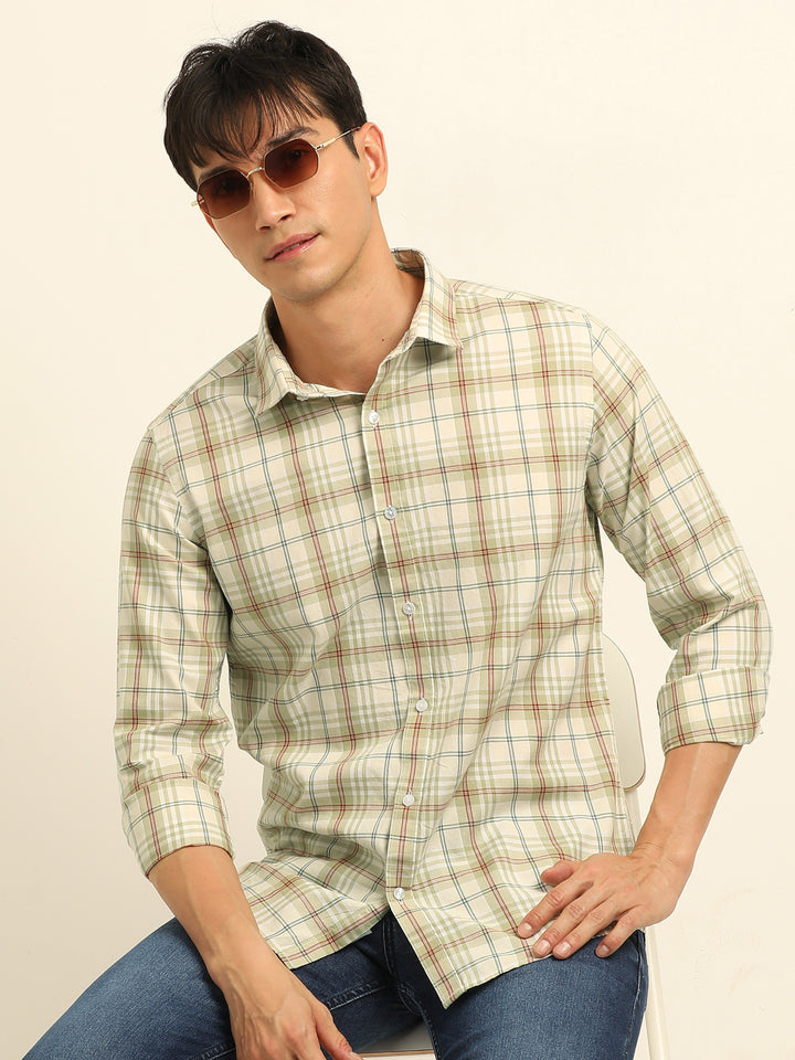 Cream Checks Regular Fit Shirt Checks Shirt Bushirt