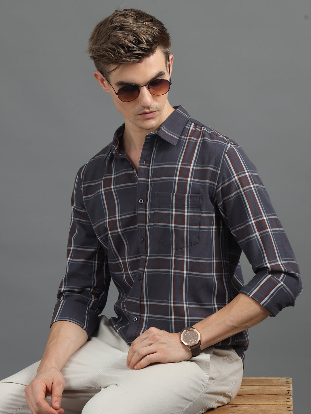 Classic Grid Dark Grey Checked Shirt Checks Shirt Bushirt