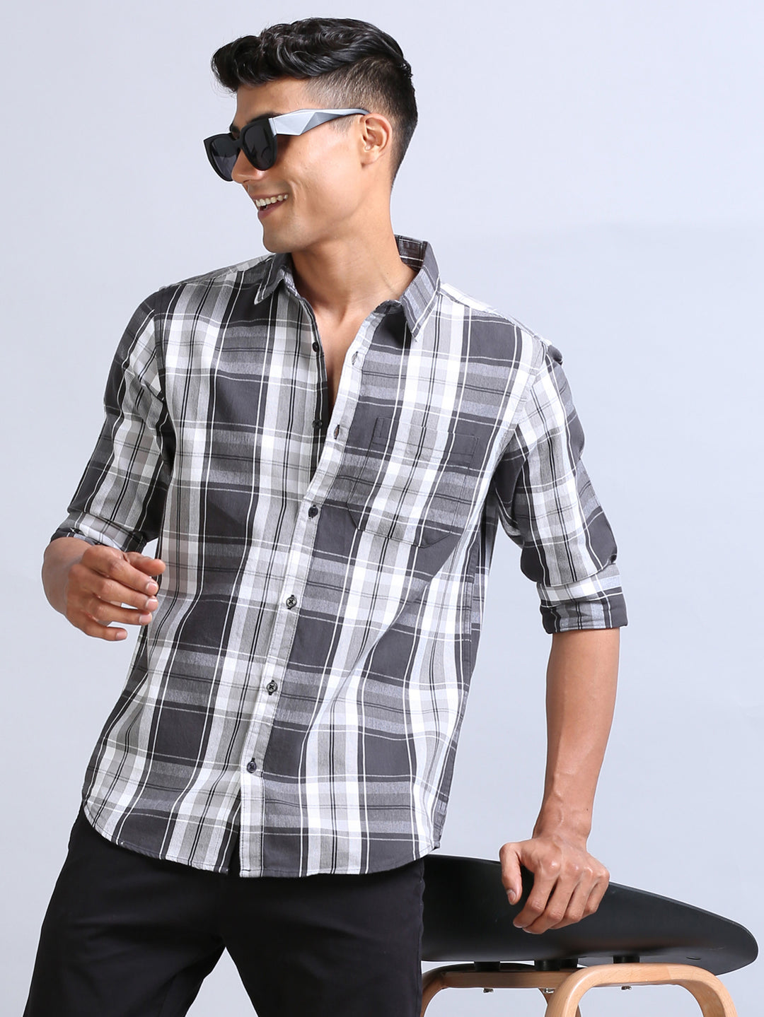 Wale Quadrey Charcoal Grey Checks Shirt Checks Shirt Bushirt