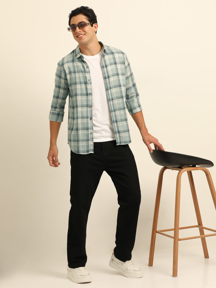 Cadet Blue Checks Regular Fit Shirt Checks Shirt Bushirt