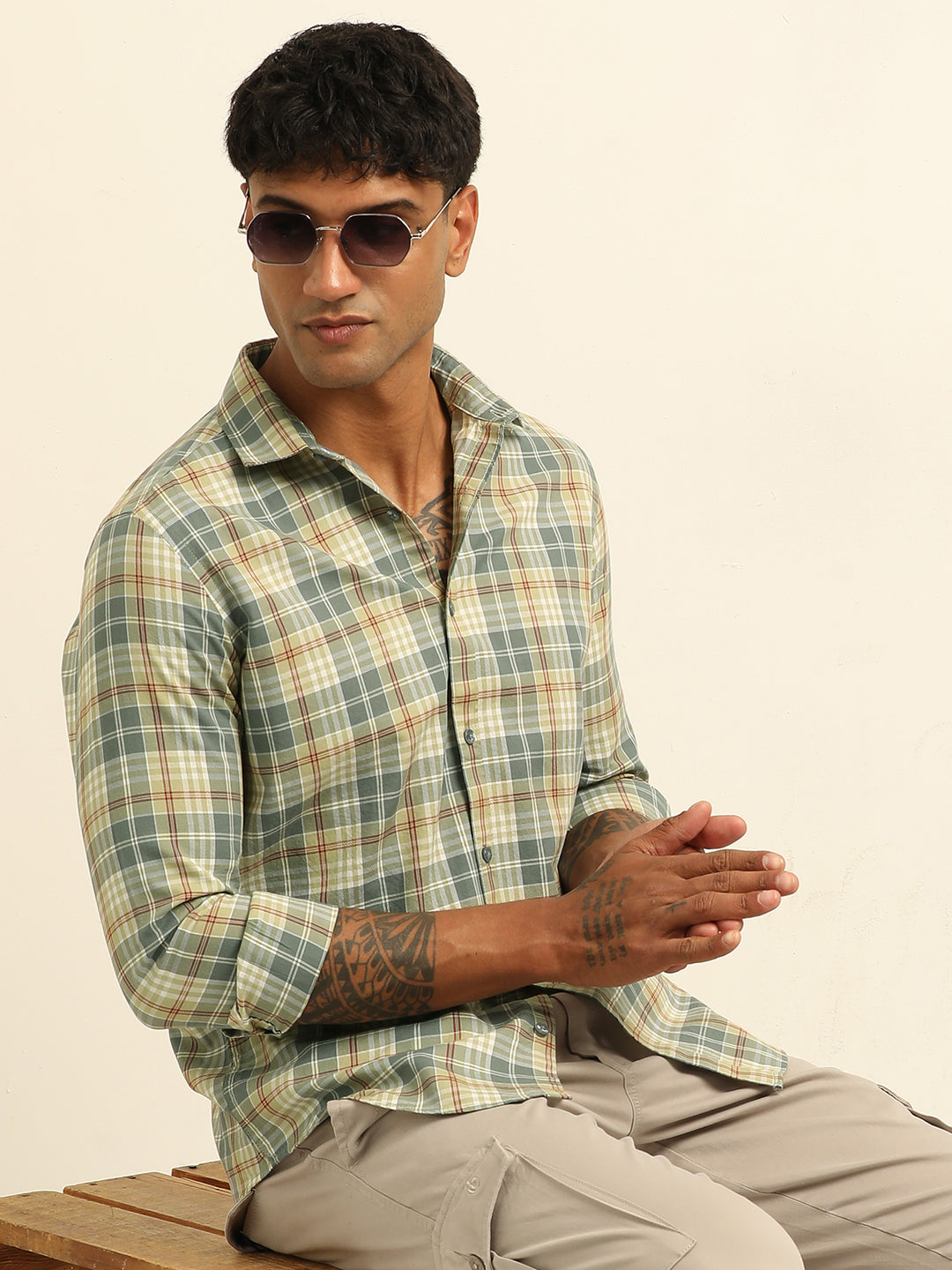 Pastel Grey Checks Regular Fit Shirt Checks Shirt Bushirt