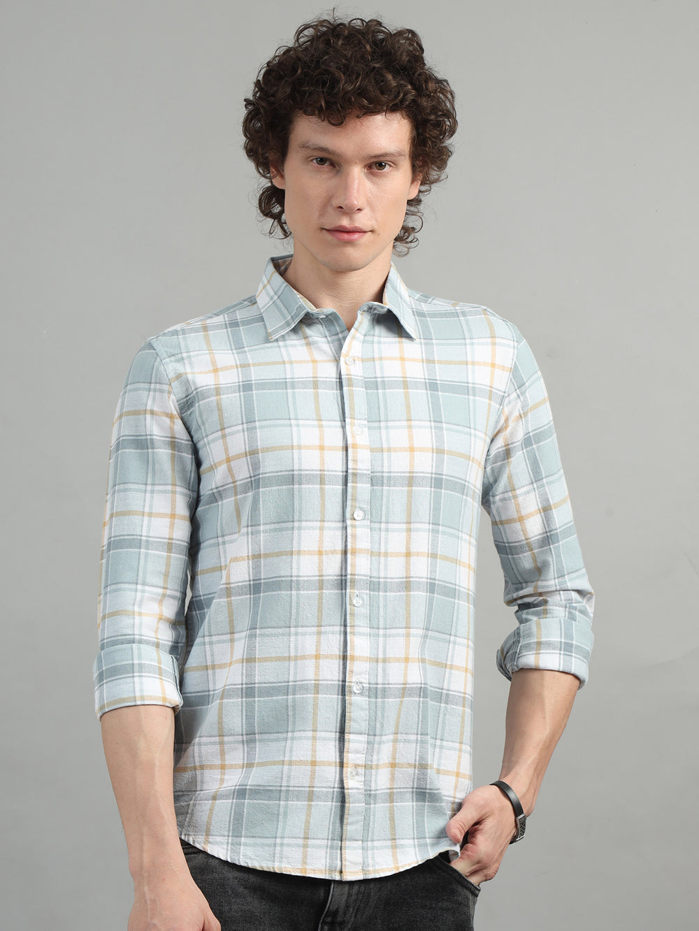 Textured Pastel Grey Checked Shirt Checks Shirt Bushirt