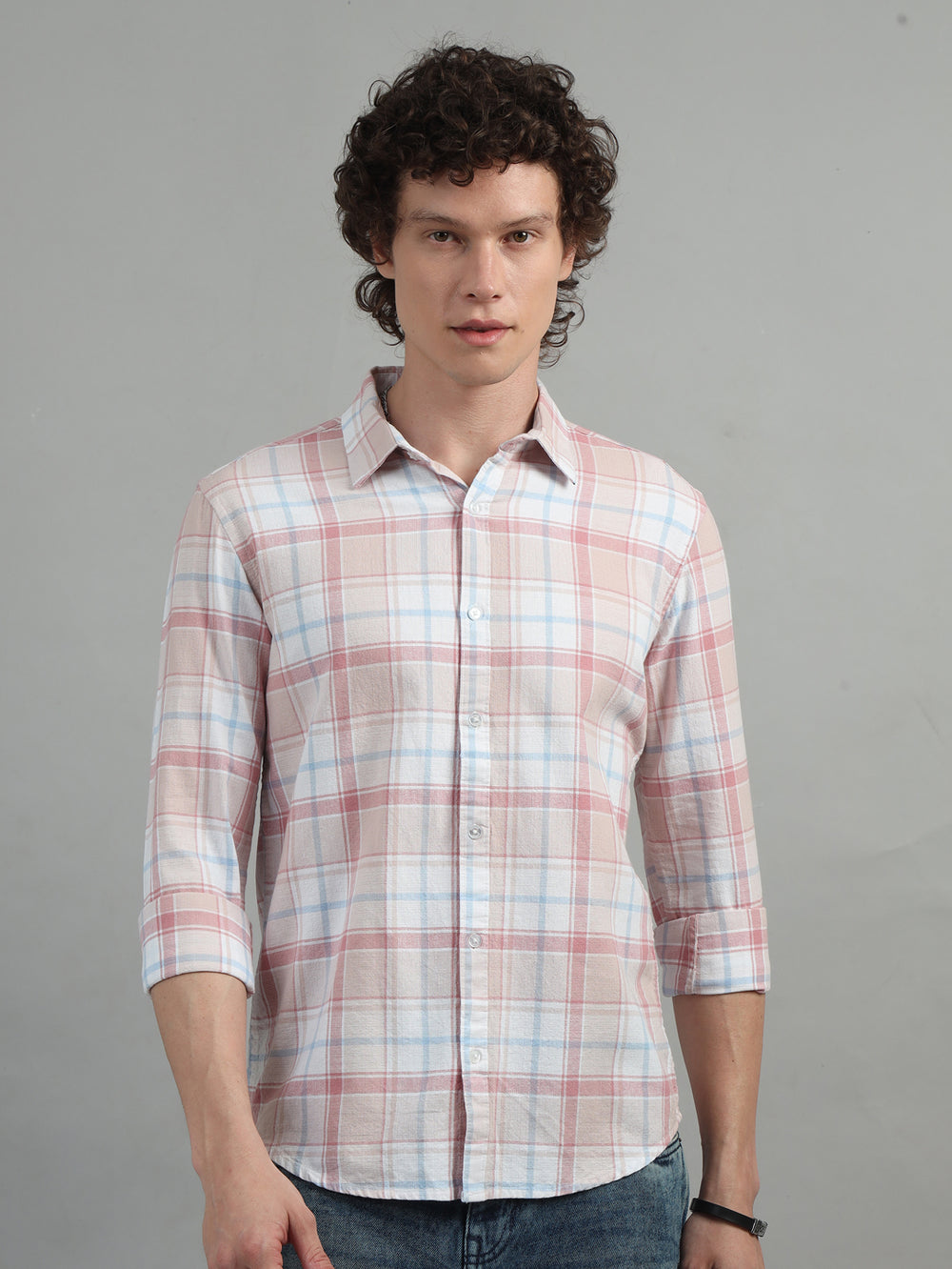 Textured Pastel Pink Checked Shirt Checks Shirt Bushirt