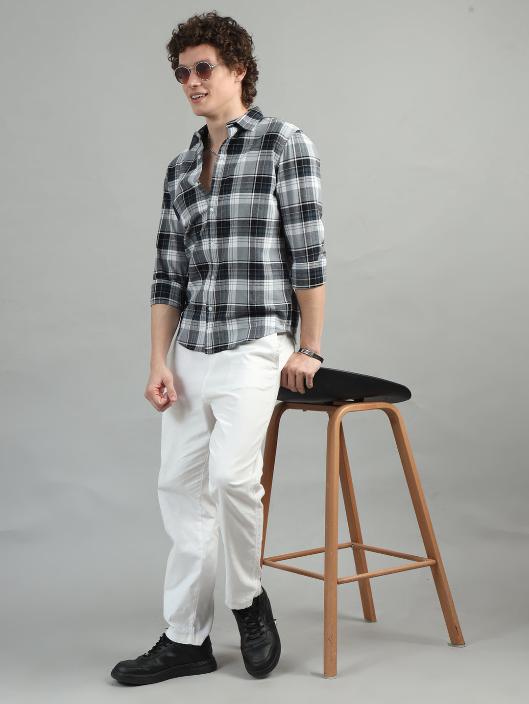 Glider Grey Checked Shirt Checks Shirt Bushirt