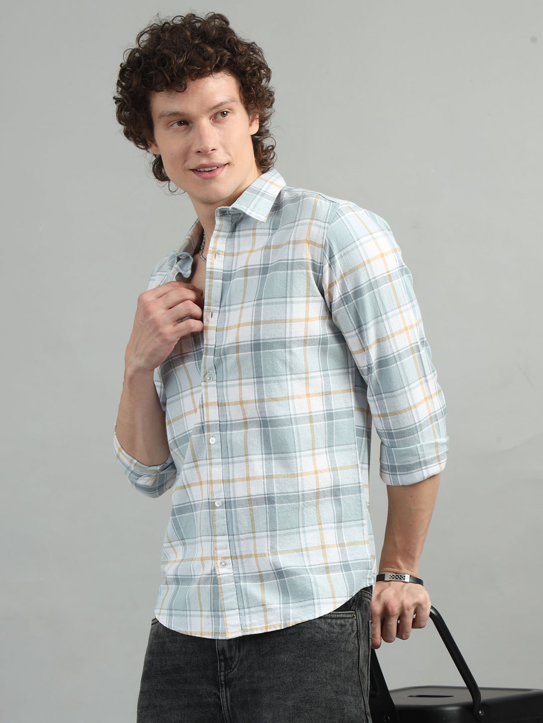 Textured Pastel Grey Checked Shirt Checks Shirt Bushirt