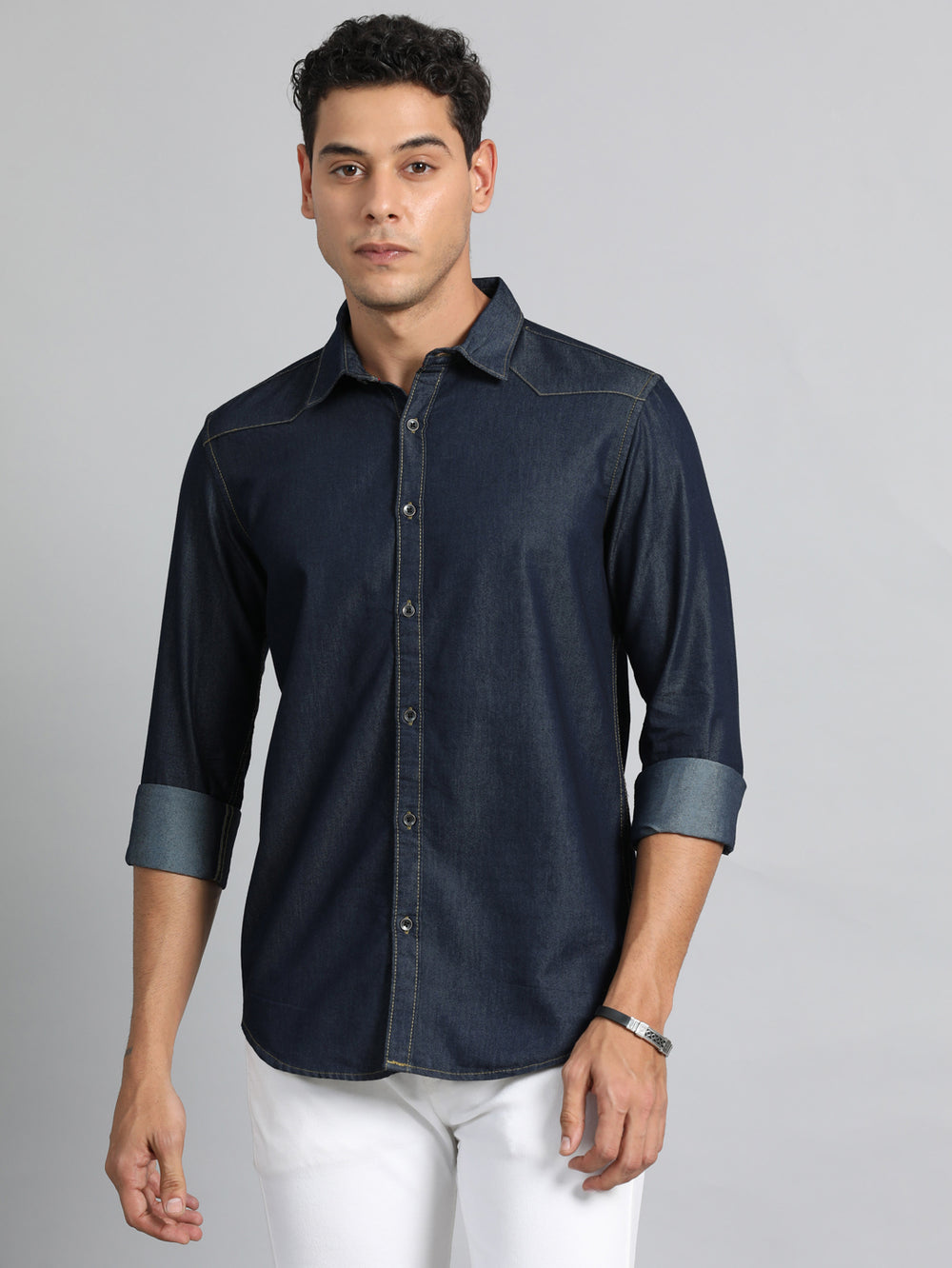 Dark Blue Solid Denim Shirt Denim Shirts Bushirt